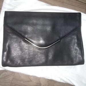 SAKS FIFTH AVENUE MADE IN ITALY VINTAGE CALF LEATHER ENVELOPE CLUTCH W GOLD TRIM
